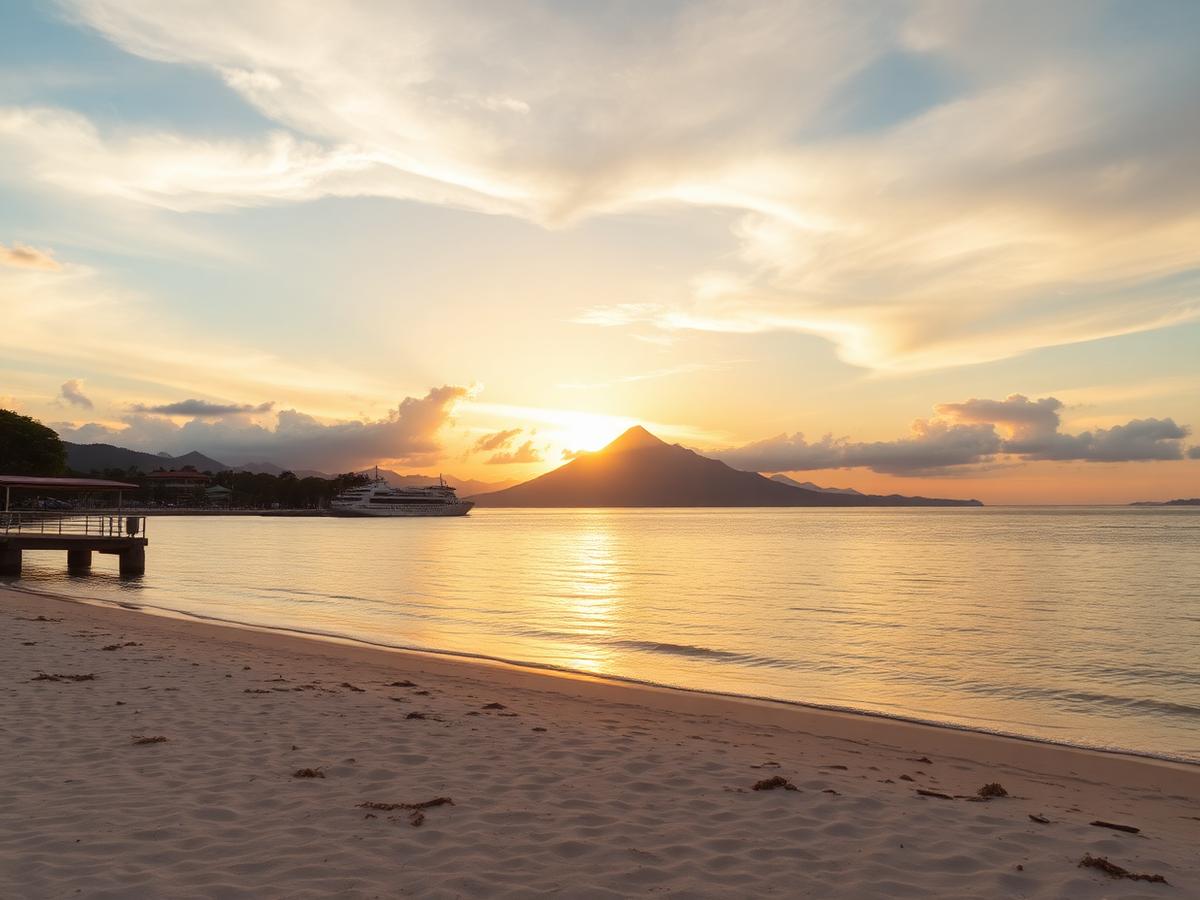 Sunrise over Kota Kinabalu waterfront with Mount Kinabalu